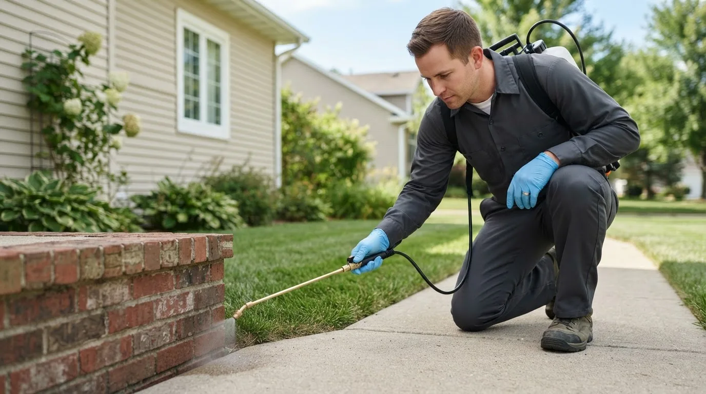 Pest control technician treating a home near Sandy Creek, NY