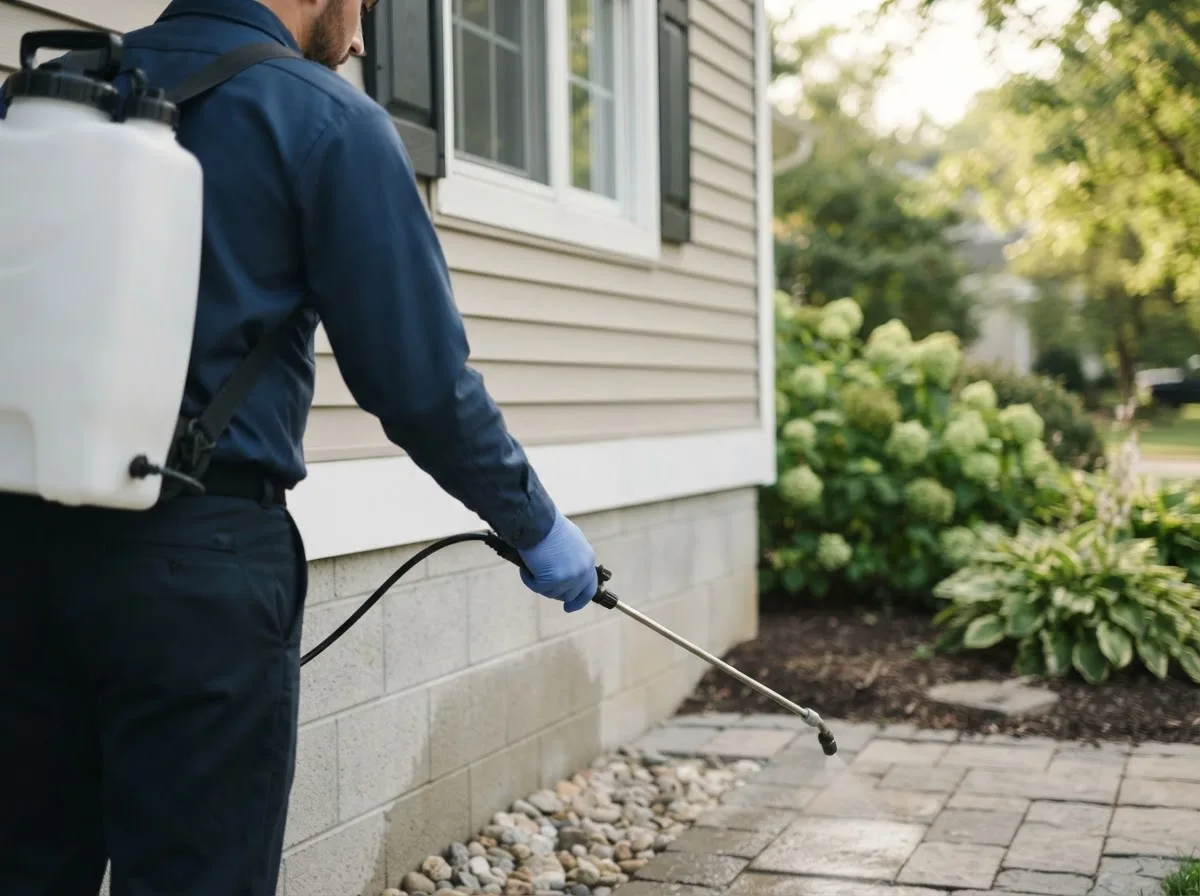 Pest control technician inspecting a home in Sandy Creek, NY